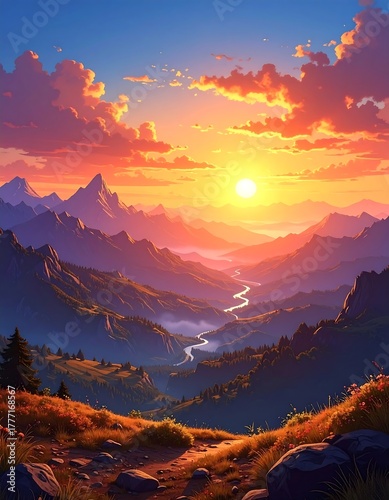 Serene sunset over a valley, path leads to mountains