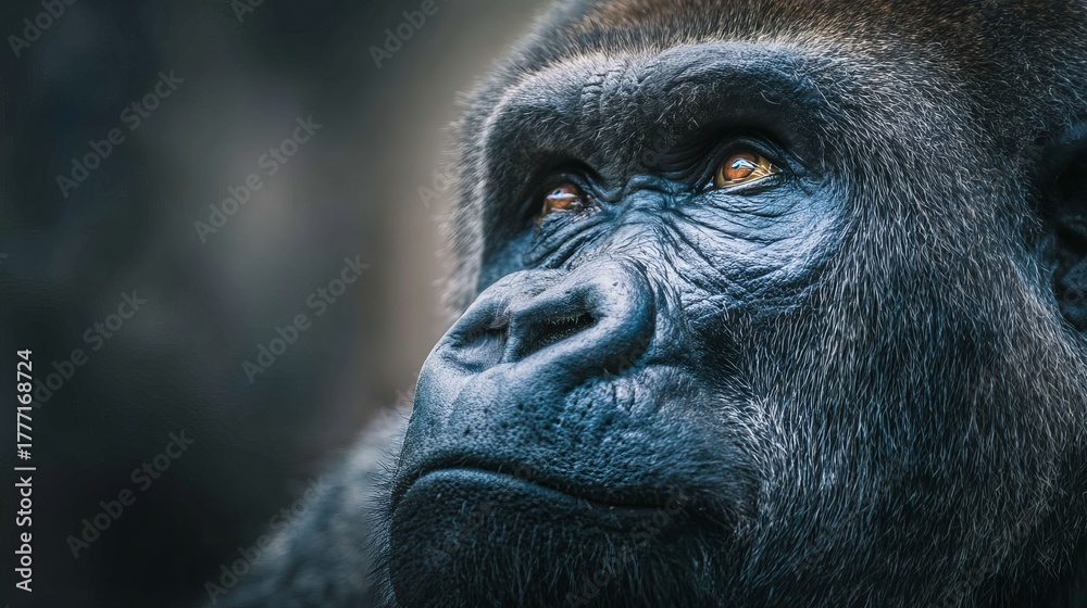 Obraz premium Intense gaze of a powerful gorilla portrait, showcasing wild animal strength and wisdom with captivating depth and detail in its eyes