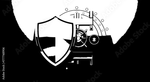 Dynamic shield and vault lock graphic symbolizing robust security, financial protection, and impenetrable safety for your business needs
