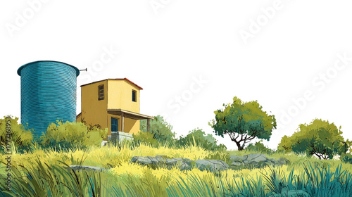 An old wooden barn in a green farm field under a blue summer sky creates a peaceful country landscape