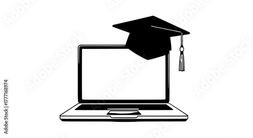 Online education concept featuring laptop with graduation cap, symbolizing remote learning, academic achievement, and digital learning platforms for success