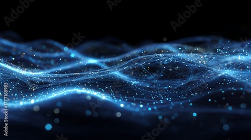 Stunning digital network visualization with glowing blue particles and abstract data streams in dark space