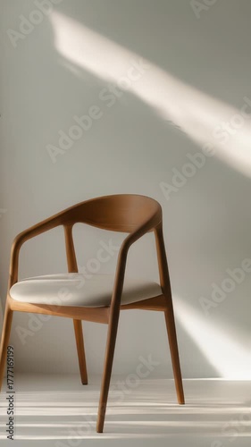 A close-up of a modern wooden armchair with a cream cushion, bathed in soft sunlight streaming through sheer, draped curtains, casting striped shadows on a white floor.