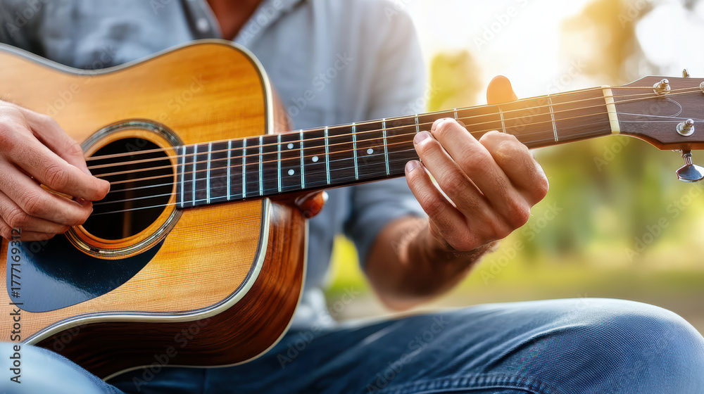 Obraz premium Acoustic guitar player tuning instrument in sunlight, creating peaceful atmosphere