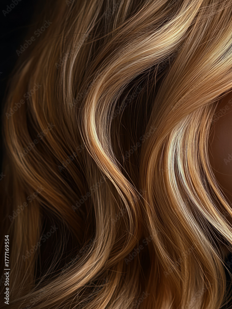 Fototapeta premium Close-up of smooth, golden-brown wavy hair texture