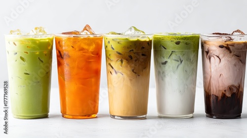 A collection of Asian cold drinks, including Thai iced tea, matcha latte, iced chocolate, and coffee varieties, displayed in transparent to-go cups against a white backdrop. 