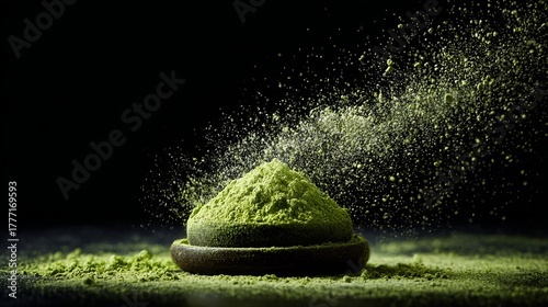 A detailed, stopped-action photo of matcha powder mid-sprinkle. 