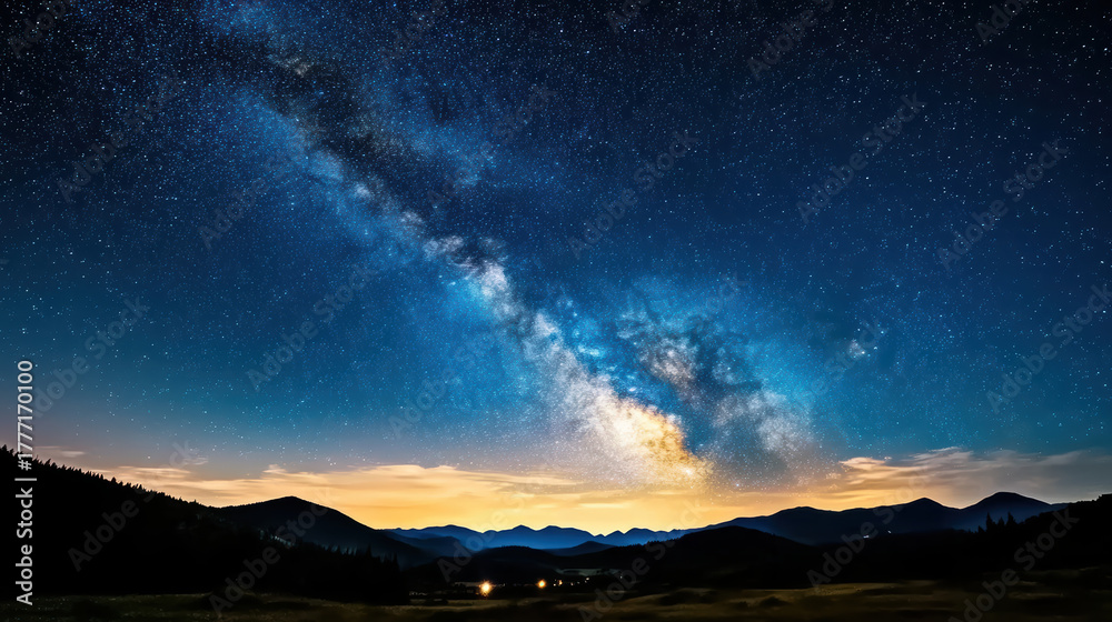 Fototapeta premium Majestic milky way stretching across dark sky, illuminating serene landscape with distant