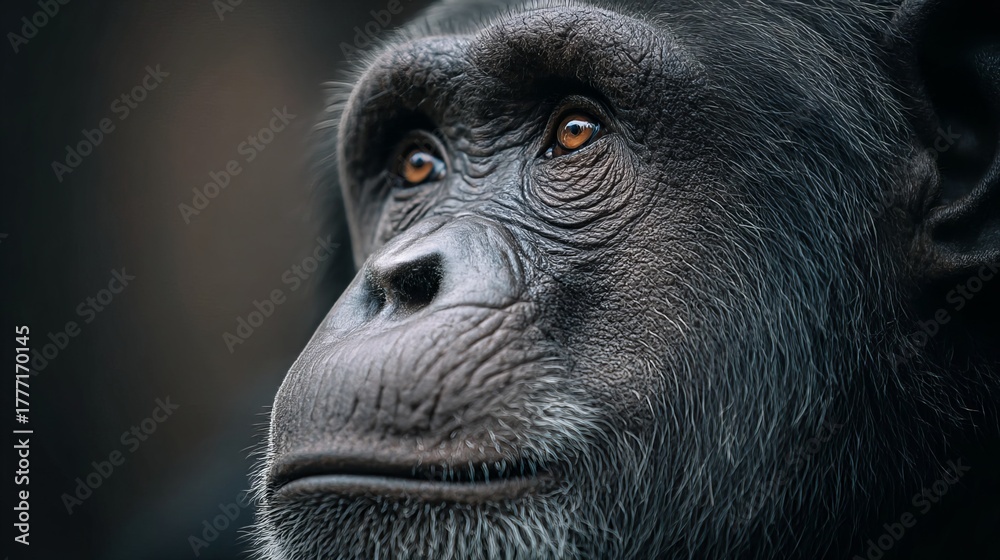 Obraz premium A detailed view of a chimpanzee's face against a blurred backdrop, emphasizing its unique features and expressions.