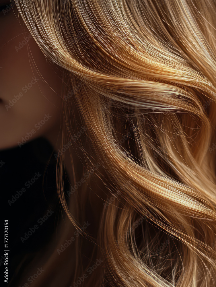 Naklejka premium Close-up of smooth, golden-brown wavy hair texture