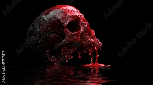 Distorted Human Skull Dripping in Vivid Red. Evoking Themes of Mortality and Transformation