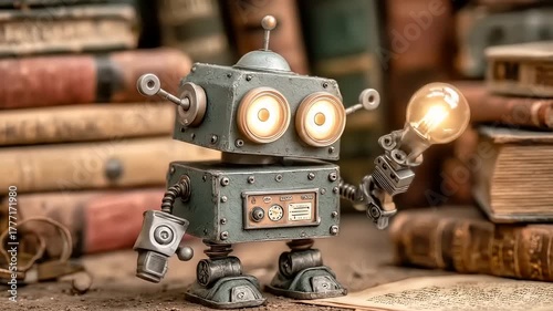 Vintage Inspired Robot Holding a Glowing Lightbulb Amidst Stacks of Old Books