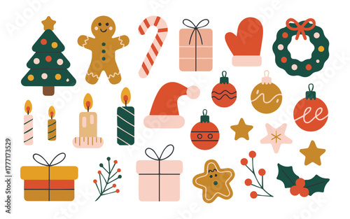 Whimsical Christmas icons bring festive cheer, featuring gingerbread, ornaments, gifts, and cozy holiday elements perfect for greeting cards and decorations