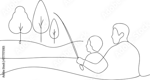 Father and son fishing together in a park with trees
