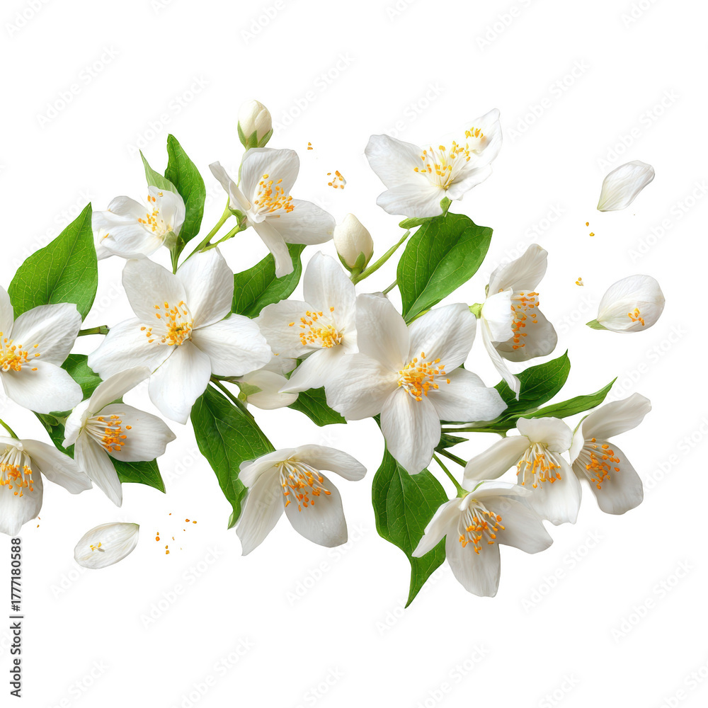 Obraz premium Delicate white jasmine blossoms with green leaves create an elegant floral arrangement