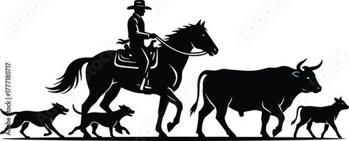 Cowboy herding silhouette with horse, dogs, and cattle, ranch life vector illustration, cad drawing flat vector western motion composition