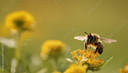 Fototapeta Naklejka Na Ścianę i Meble -  A bee is busy gathering nectar from yellow flowers in a lively field under the warm sun. The scene captures the beauty of nature and the important role of bees