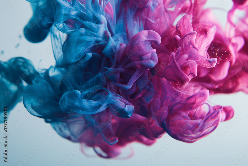 Fototapeta premium high-resolution macro photograph of blue and pink ink swirling in clear water. Perfect sharpness, smooth gradients, no noise or haze, crisp detail of ink trails, evenly lit white background.
