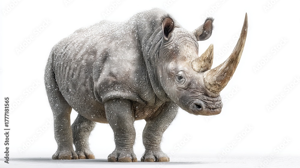 Obraz premium Magnificent rhino standing tall in a snowy landscape, a symbol of strength and resilience perfect for conservation campaigns and wildlife stories
