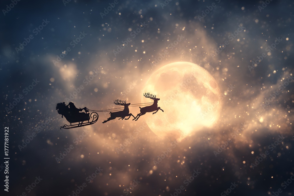 Naklejka premium Santa Sleigh Flying Across Full Moon 