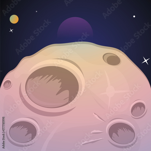 vector illustration of the moon's surface close up with a space background with planets and stars