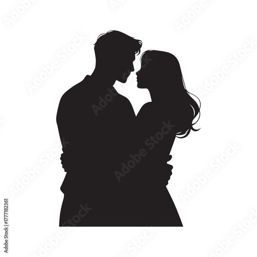  Romantic Silhouette of Loving Couple Embracing Tenderly on White Background. 