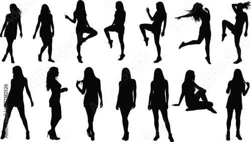 Female silhouette poses, standing figure, dancing gesture, expressive movement, black silhouette, white 