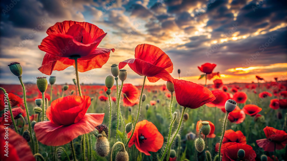Fototapeta premium Beautiful poppy field at sunset with dramatic sky and vibrant red flowers
