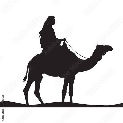 Silhouette of an Arab man riding a camel in the desert On White Background.