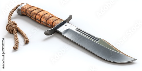 Hyper-Realistic Bowie Knife: Sharp Steel Blade Ideal for Hunting and Survival, Isolated on White Background