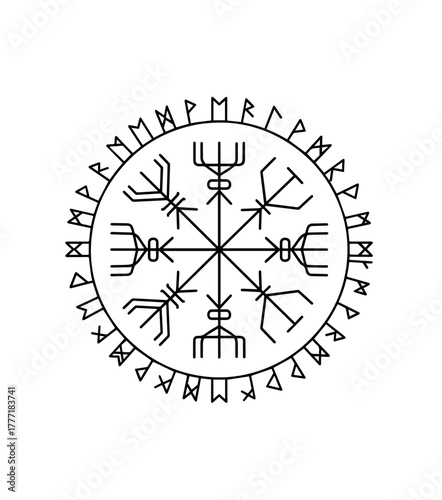 A minimalist black line art illustration shows a circular Icelandic magical stave, resembling a compass, with eight intricate arms surrounded by a ring of ancient Norse runes