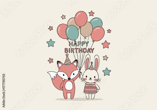 Adorable fox and bunny celebrating a birthday with balloons and decorations, cheerfully smiling.