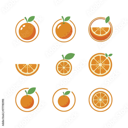 Collection of nine stylized orange fruit logos and icons.