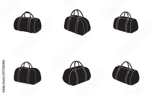 Black Duffle Bag Vector Illustration for Gym Travel and Sports Equipment with Multiple Angled Views on White Background