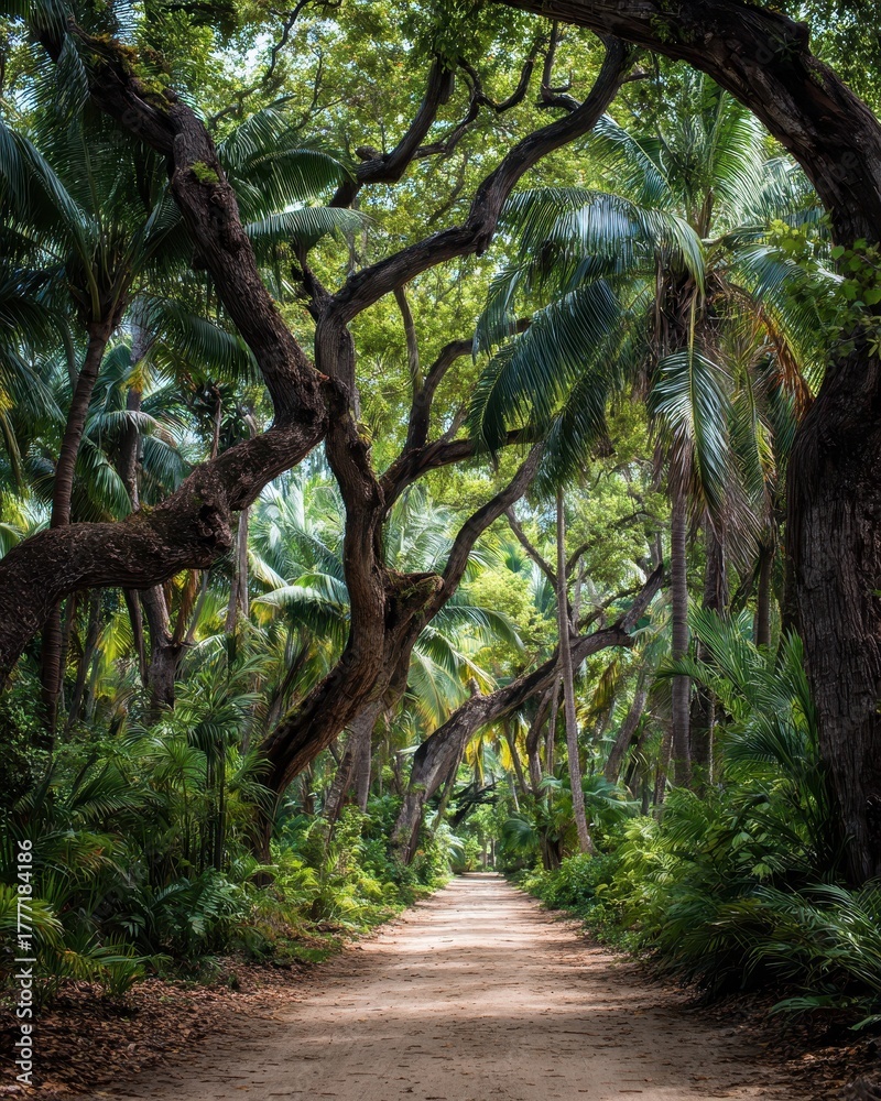 Naklejka premium Serene Pathway Through Lush Trees in Coconut Grove, Miami - A Tranquil Escape into Nature's Embrace