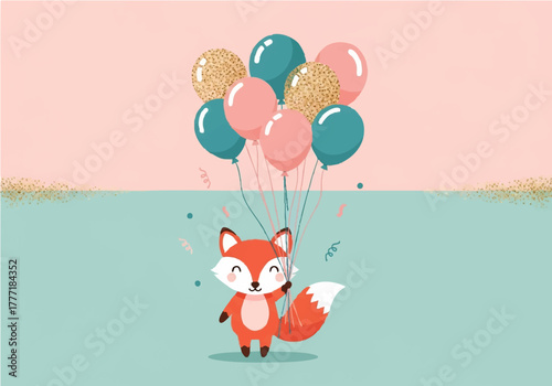 A cute cartoon fox stands smiling, holding a bunch of pink, teal, and gold glitter balloons against a split pink and teal background.