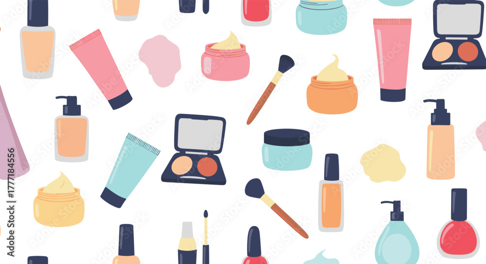 Fototapeta A seamless vector pattern of various cosmetic and beauty products including creams, lotions, makeup palettes, and application brushes.