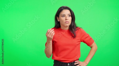Indignant woman questioning and doubting on a green screen