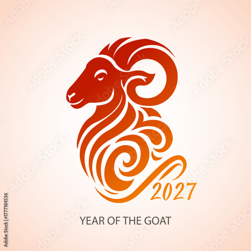 Happy New Year 2027 greeting card for the Year of the Goat according to the Chinese calendar. Vector illustration.