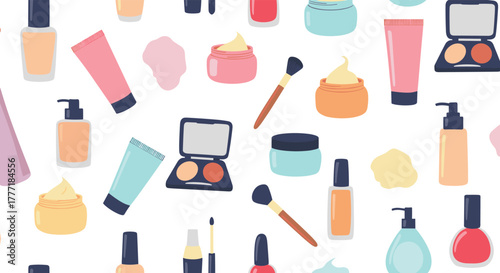 A seamless vector pattern of various cosmetic and beauty products including creams, lotions, makeup palettes, and application brushes.