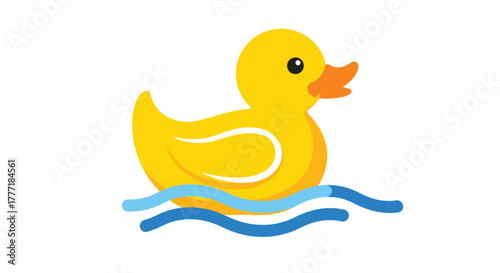 Cute yellow rubber duck illustration floating on blue water waves design element isolated on white background