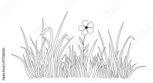 A black and white line art illustration of a grassy field with a single delicate flower, featuring dashed lines for a unique texture.