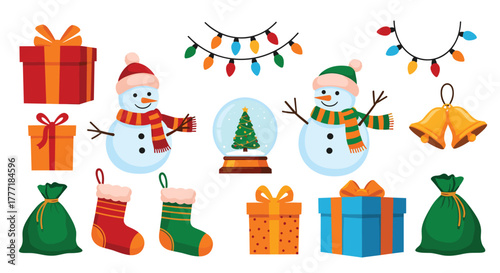 A delightful assortment of festive Christmas elements featuring cheerful snowmen, colorful lights, wrapped gifts, stockings, and holiday bells.