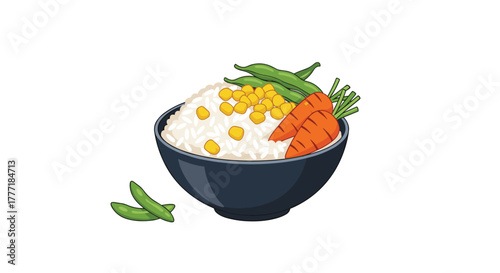 A vibrant and healthy bowl of steamed white rice topped with fresh green beans, sweet corn, and whole carrots, ready for a nutritious meal.