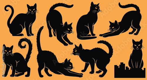 Collection of black cat silhouettes in various poses illustration for Halloween designs isolated on orange background