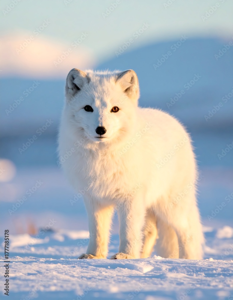 Fototapeta premium A pristine white arctic fox standing in a snowy landscape, bathed in sunlight