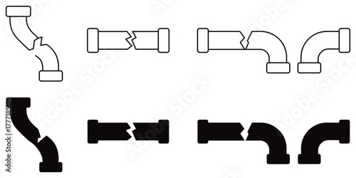 Broken Pipe and Water Leak Icon Set – Burst Pipeline, Dripping Faucet, Plumbing Damage
 Vector Illustration for Maintenance and Repair Services
