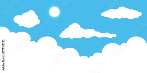 Blue Sky with White Clouds Vector Background – Clean Cartoon Cloudscape Illustration
 in Flat Minimal Style