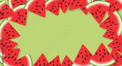 Fresh watermelon slices with dark seeds and white rinds are scattered around a light green background, creating a decorative, summery frame for text or graphics.