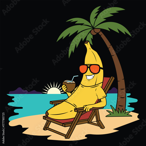 Banana enjoying a beach vacation Vector, illustration